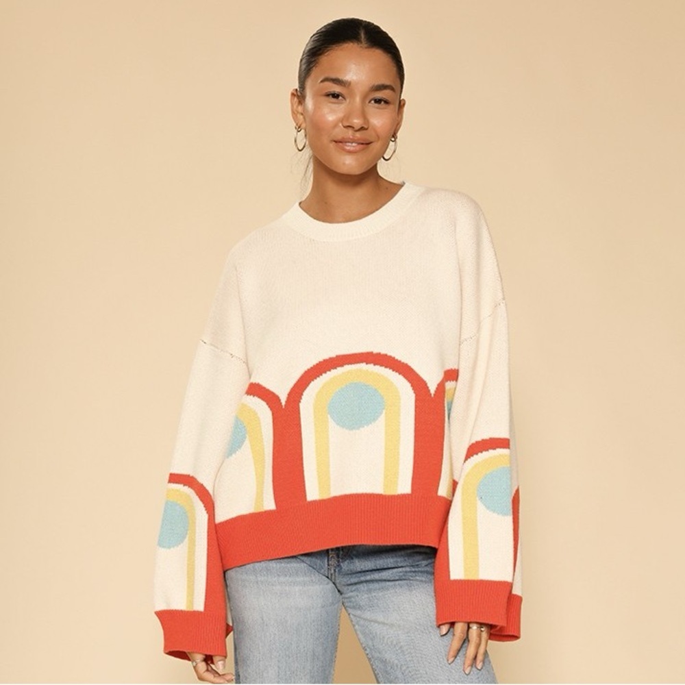 Miss Sparkling Oversized RETRO Women's Cream Rainbow-Pattern Crewneck Sweater - Picture 3 of 10